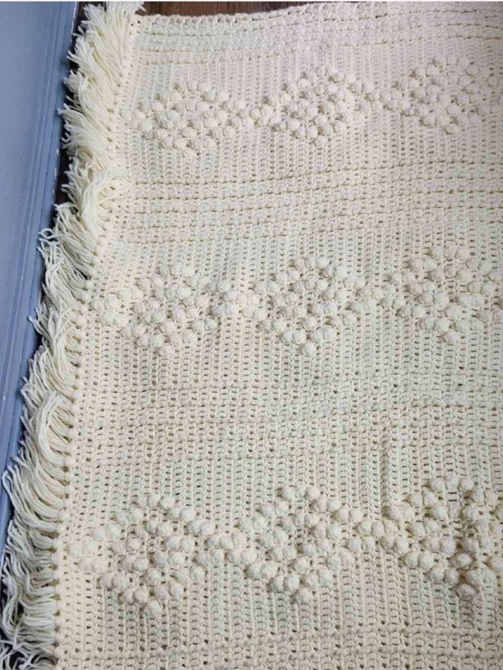 Handmade Crochet Diamond Bobble Popcorn Blanket Cream